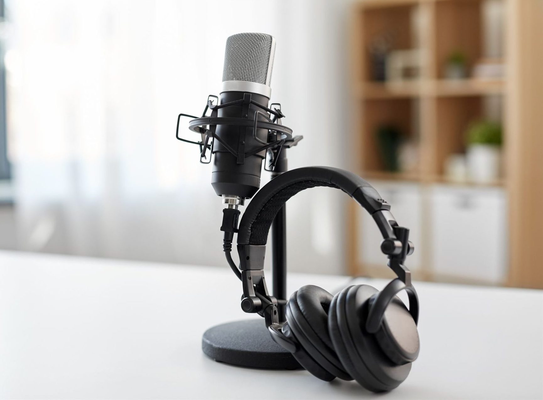 A microphone on a stand next to a pair of black headphones on a white table, with a blurred background.